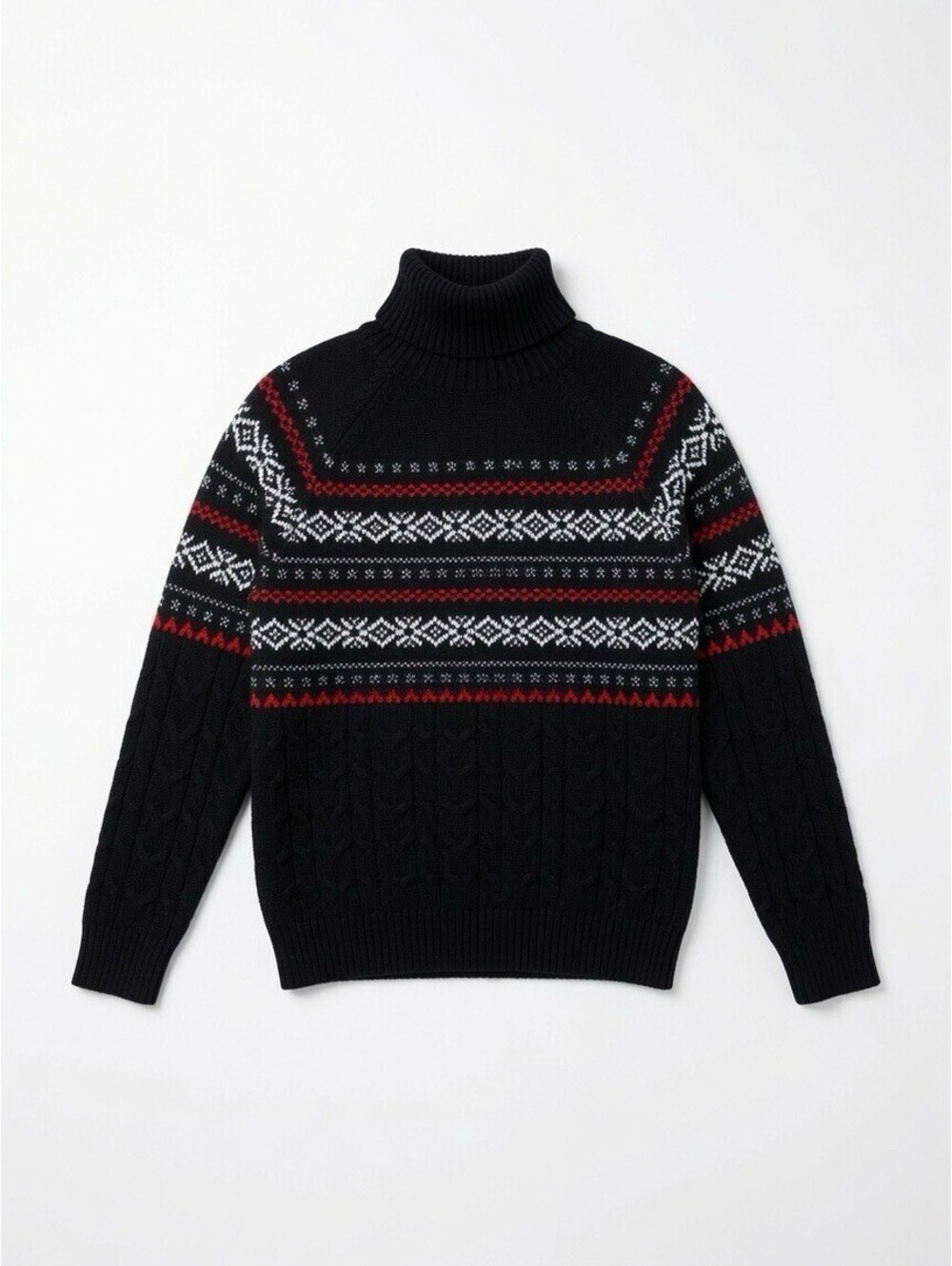 Black Turtleneck Sweater Cable Knit Patterned Sleeves Small